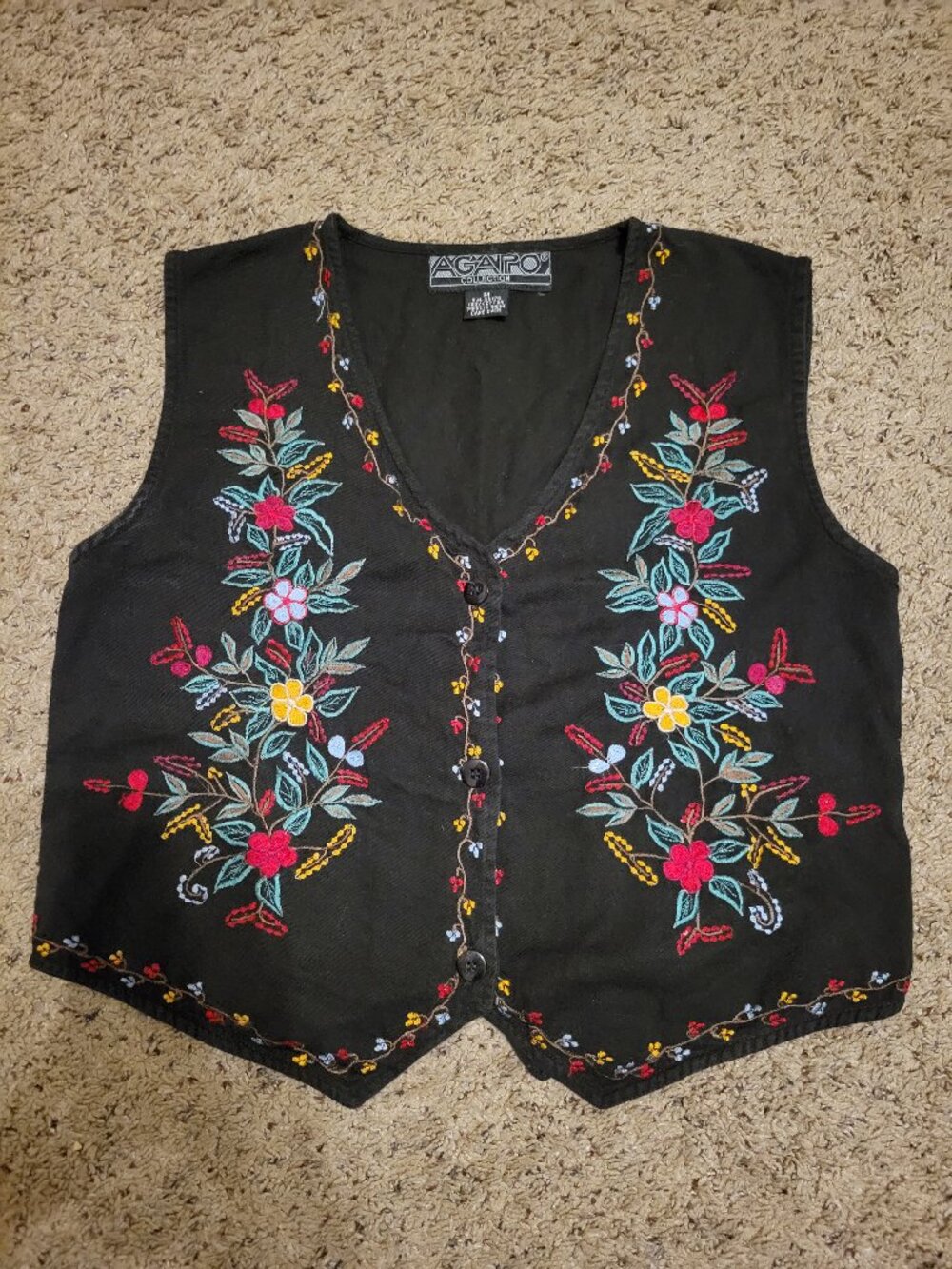 90s Vintage Agapo Black Floral Embroidered Vest Medium Boho Western